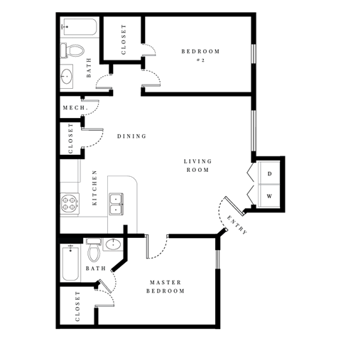 Floor plan for 2 beds, 2 baths, 951 sqft